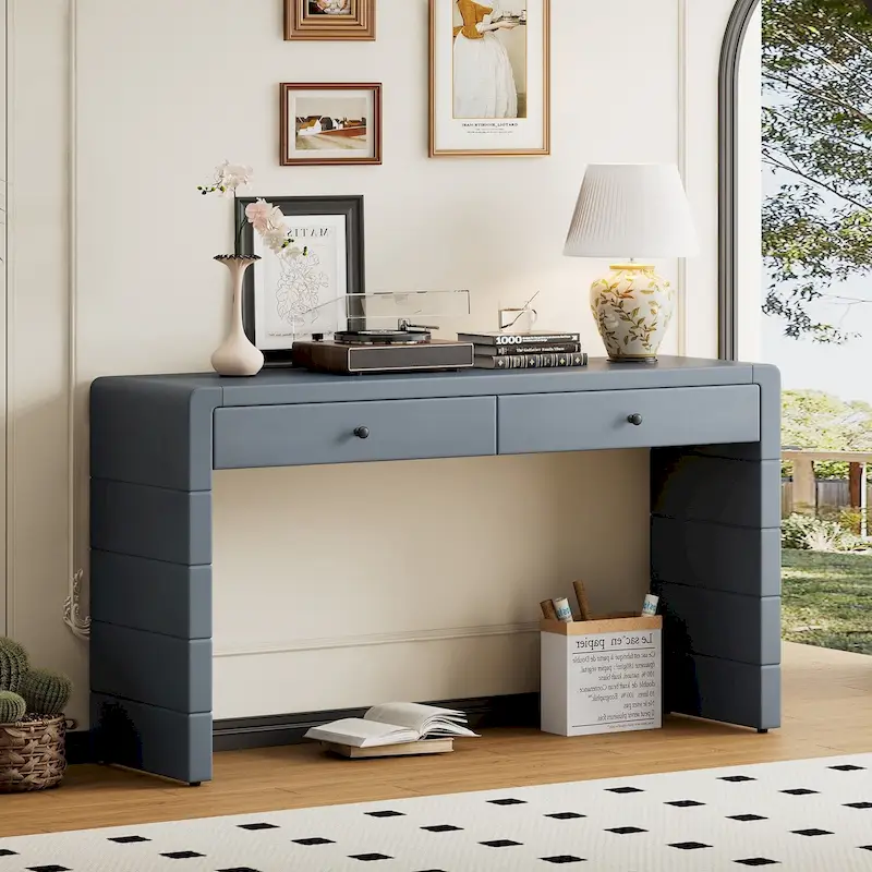 Curved Wooden Entryway Console Table with Storage, 2 Drawers, Rustic