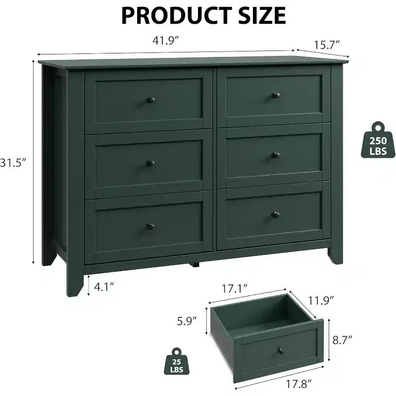 Acekool Dressers 6-Drawer Tall Dresser Organizer, Deep Storage Chest, Handles, Modern Farmhouse for Bedroom, Closet, Living Room, Green