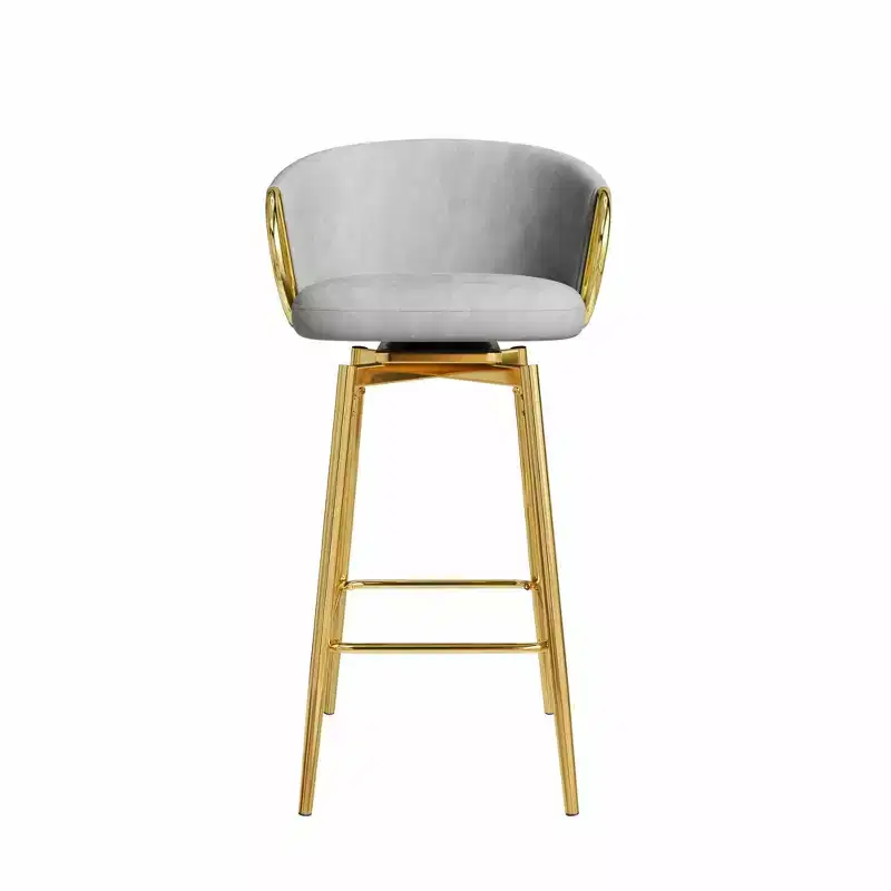 HomeRoots Set of Two 30 Gray and Gold Velvet and Metal Bar Height Swivel Bar Chairs