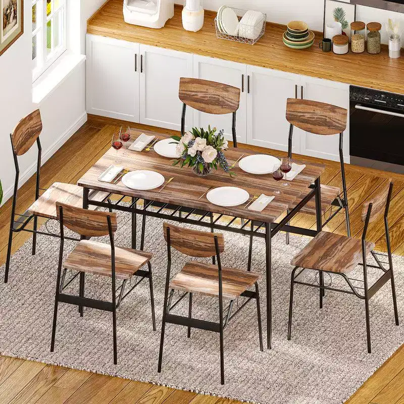 Karl Home 7-Piece Dining Table Set for 6, 43.3'' Kitchen Table and Wood Chairs with Storage and Backrest