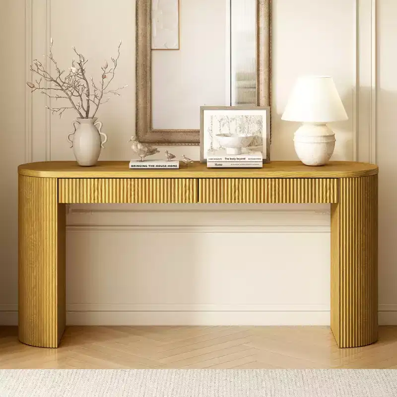 Fluted Wood Console Table with Drawers, Narrow Entryway Table for Living Room and Entryway