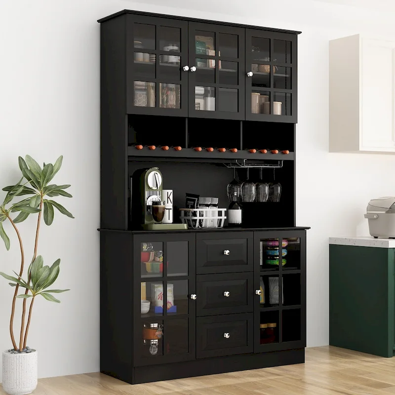 78.9Pantry Buffet White Buffet with Wine Glass Rack Drawer and Hutch