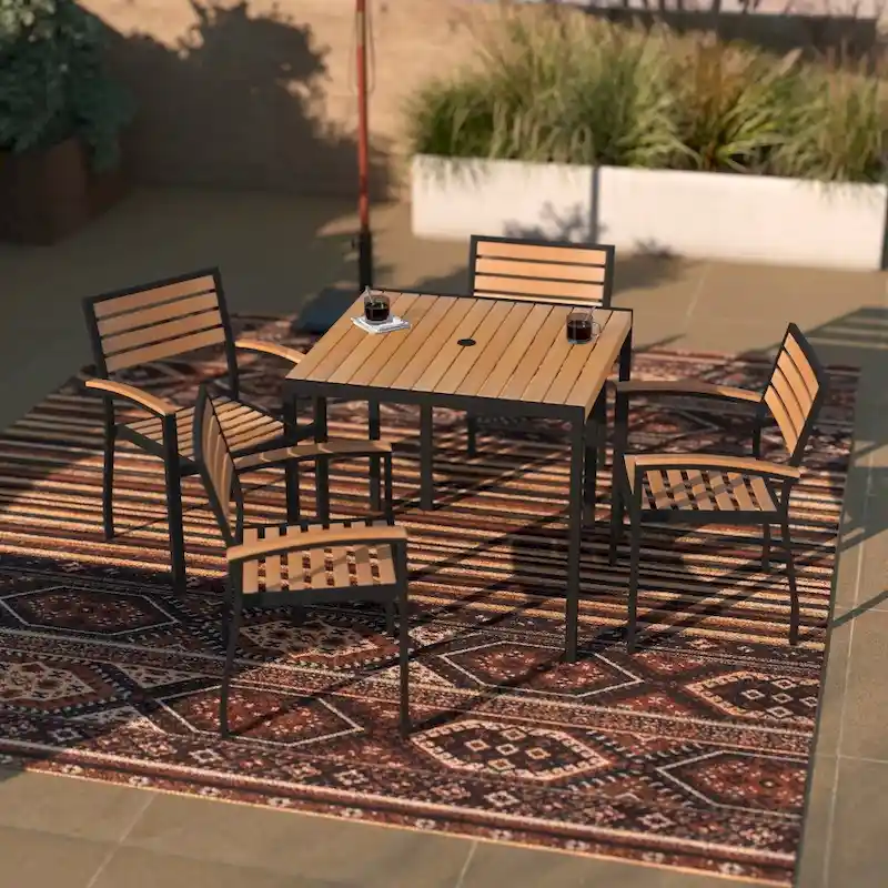 Black Steel Framed 36 Square Faux Teak Table with Umbrella Hole & 4 Club Chairs