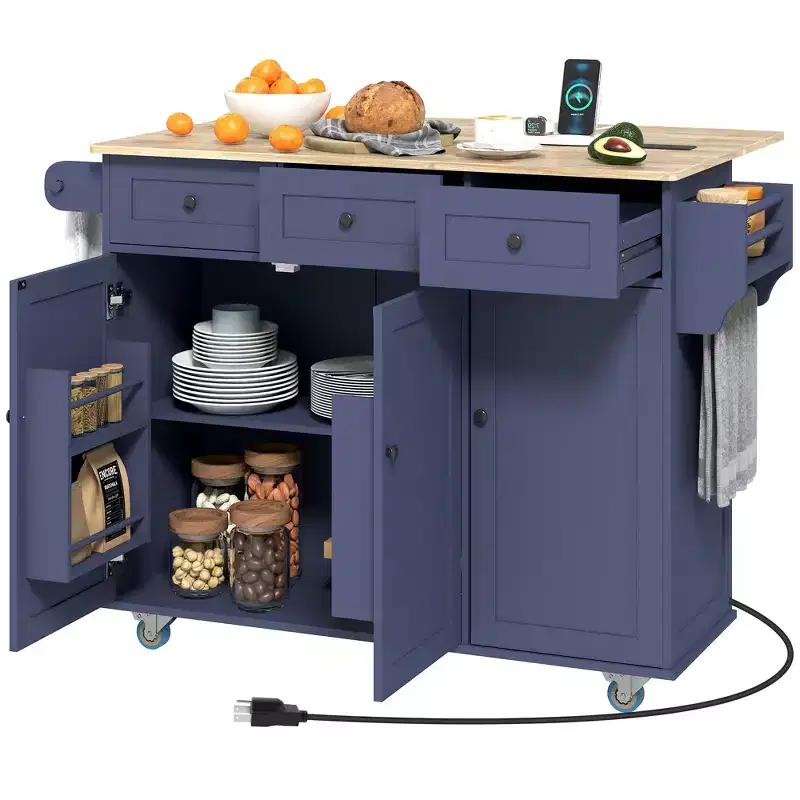 HOMCOM Rolling Kitchen Island with Charging Station and Drop Leaf, 53 Kitchen Island Table with Wood Top, 3 Drawers, Adjustable Shelf