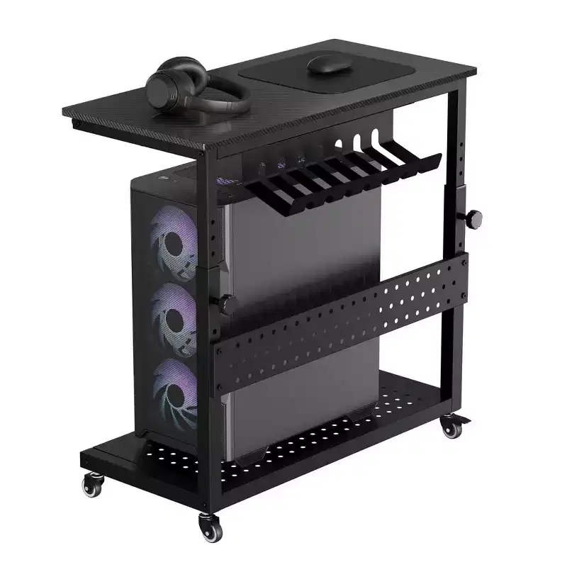 Computer Tower Stand with Wheels, Height Adjustable CPU Holder Cart, 2 Tier Rolling PC Standing Under Desk, Side Table for Gaming Home Office
