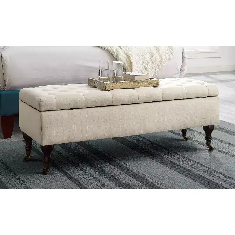 Collette Tufted Bench with Storage Butter Cream - Adore Decor: Mid-Century Modern, Polyester Upholstery, Wood Frame