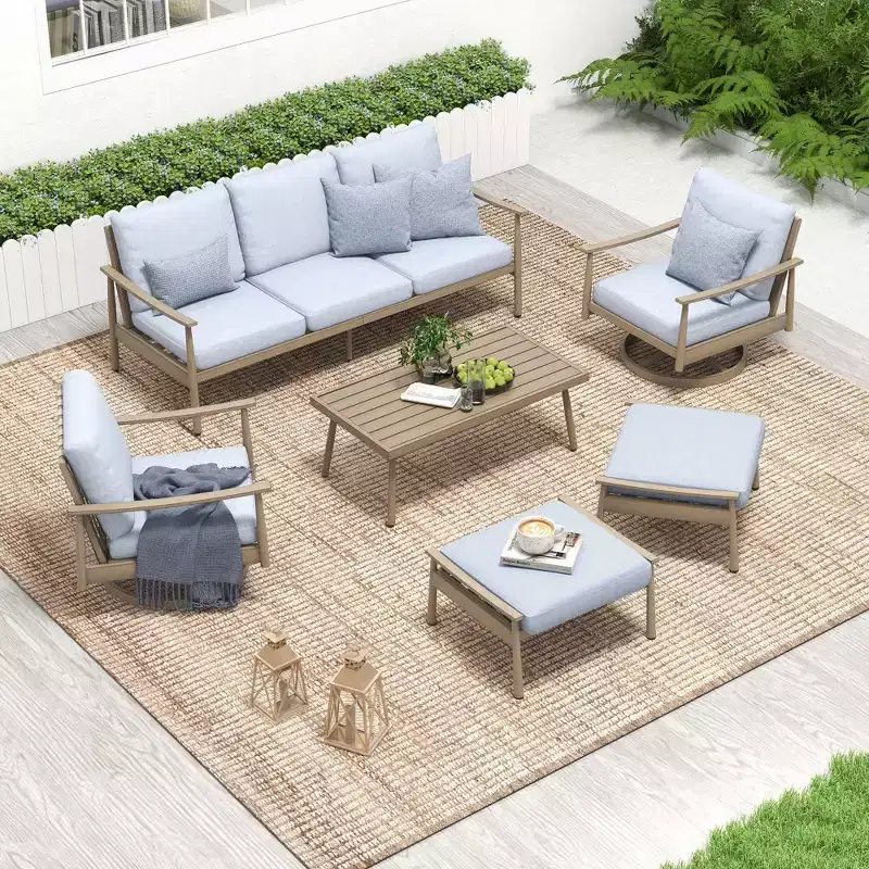 HAPPATIO 6 Pieces Aluminum Outdoor Conversation Set with 1 Three-Seater Sofa, Coffee Table, 2 Swivel Chairs and Ottomans