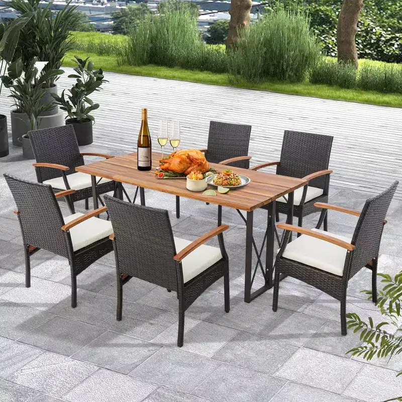 Costway Patio PE Wicker Chairs Acacia Wood Armrests with Soft Zippered Cushion Balcony