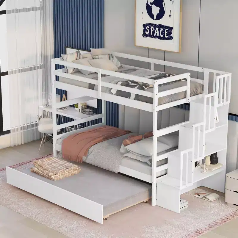 Okak Twin over Twin Wood Bunk Bed with Trundle Loft Bunk Bed with Storage Stairway for Kids Teens, Easy Assemble No Box Spring Needed