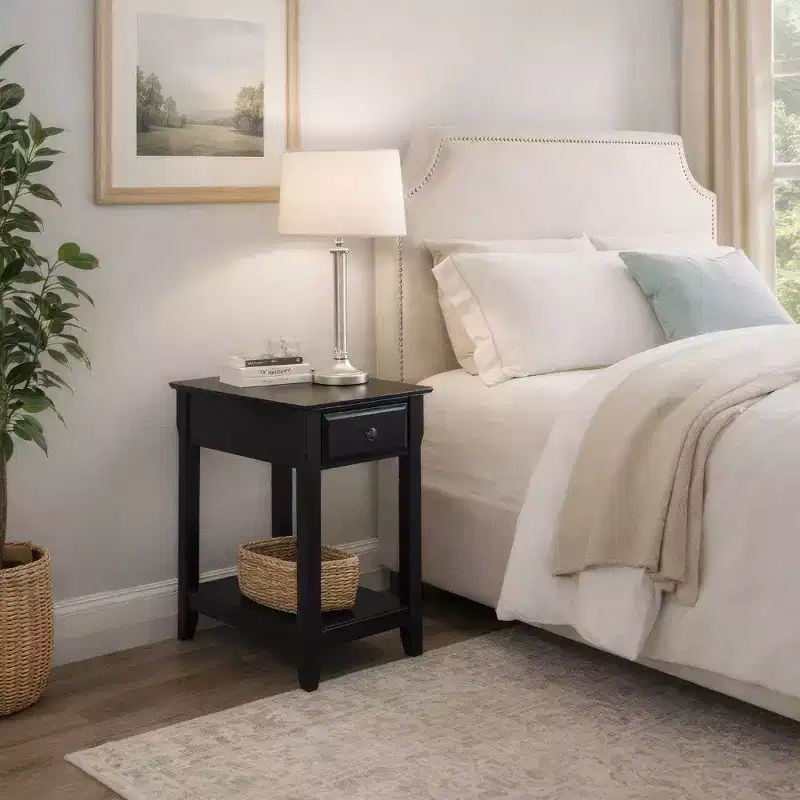 Black Wood End Table with Drawer and Open Shelf