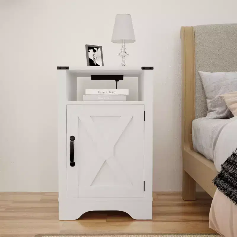 RoyalCraft Farmhouse Nightstand with Charging Station, Rustic End Table with Shelf and Storage for Bedroom or Home Office, White