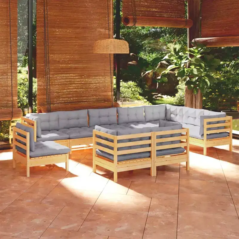 vidaXL Solid Pinewood Patio Lounge Set 10 Piece with Cushions Multi Colors - Brown and Gray