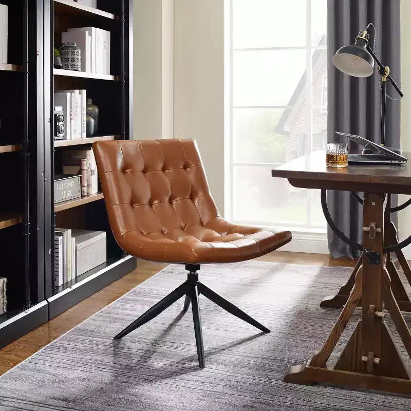 Armless Swivel Home Office Chair – Faux Leather, Tufted, Metal Base