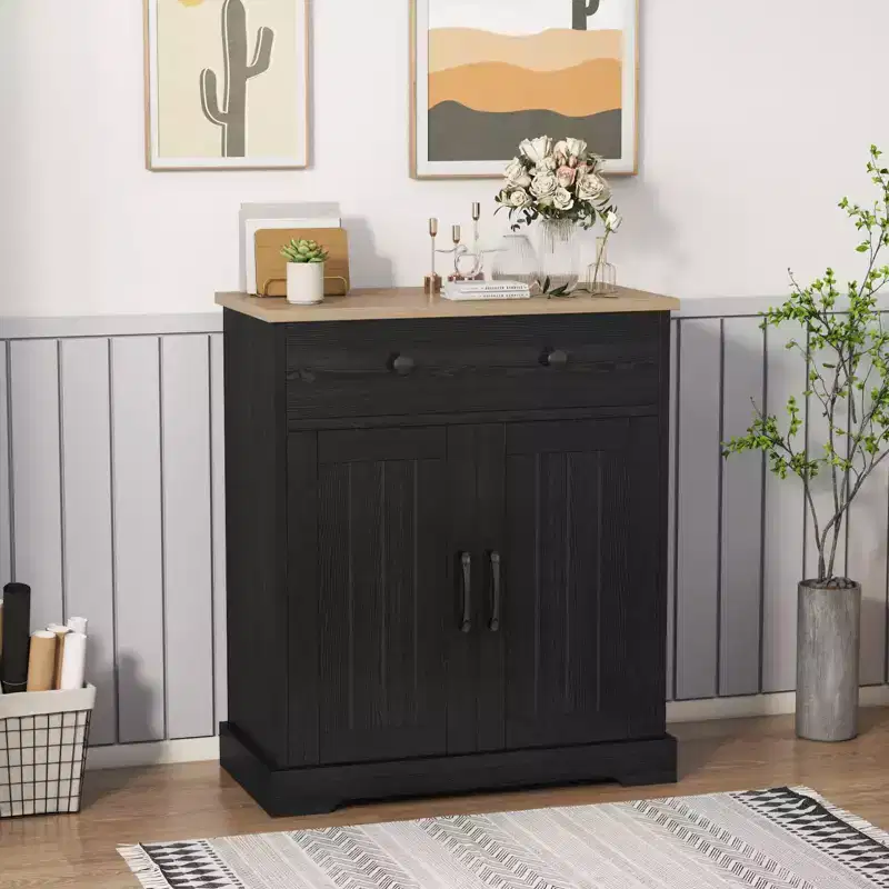 Storage Cabinet with 2 Doors & Drawer, Modern Kitchen Cabinet with Adjustable Shelf, Wooden Coffee Bar Buffet Table for Living Room