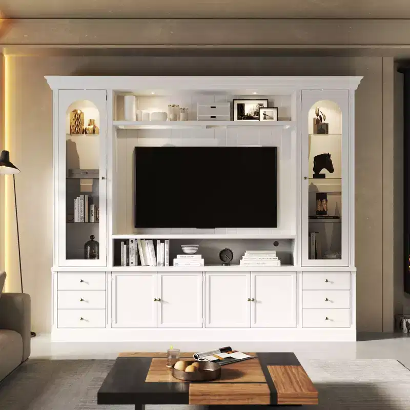 Famapy White Media Entertainment Center  Large TV Stand with Storage Cabinets & LED Spotlights for Living Room