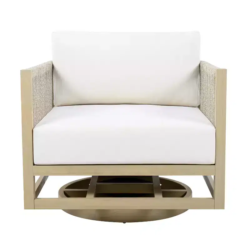 ModernLuxe Patio Swivel Chair Outdoor Acacia Wood Club Chair, Teak Finish, Cream Cushion, Rope-Woven Chair for Garden/Patio