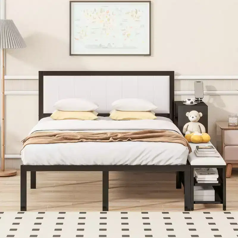 Okak Full Bed Frame with Two-Tier Storage Shelves, Metal Full-size Platform Bed with Wooden Storage Cabinet for Bedroom, Living Room, Black