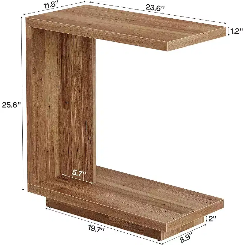 Lantine 2-Tier C-Shaped Side Table Set of 2: Narrow, Sturdy Pedestal, Industrial Design for Living Room/Bedroom, Walnut Brown.