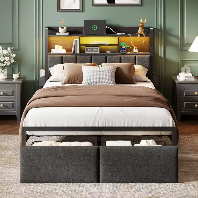 Full Size Platform Bed Frame With Storage Drawers LED Lights Charging Station Upholstered Headboard Shelf Metal Support No Box Spring Needed Teen