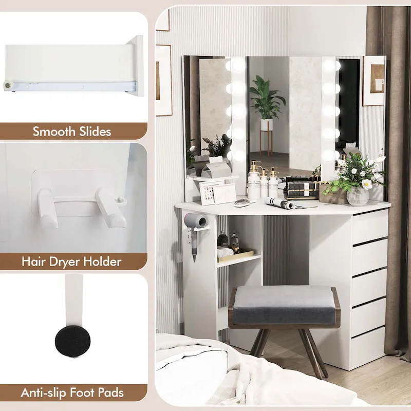 Corner Vanity Desk Cosmetic Vanity Station with LED Mirror