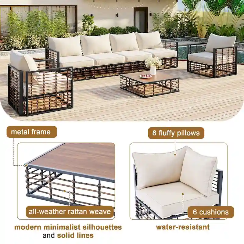 7-Piece Metal Patio Sectional Sofa Set, All-Weather Garden Conversational Furniture Set with Thick Cushions and Coffee Table