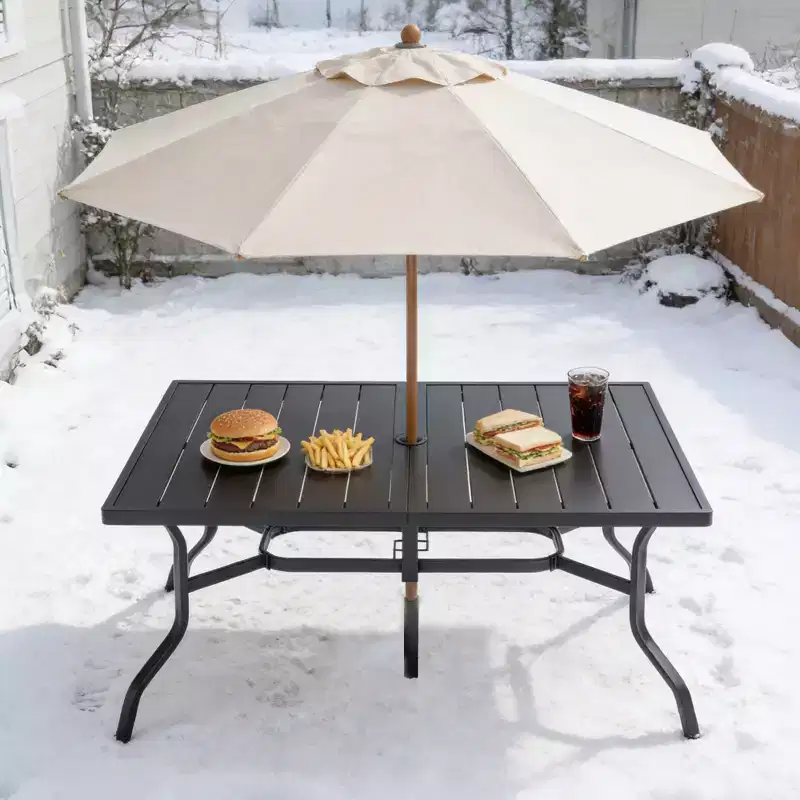 Outdoor Patio Dining Steel Table with Umbrella Hole & Grooved Tabletop for 6