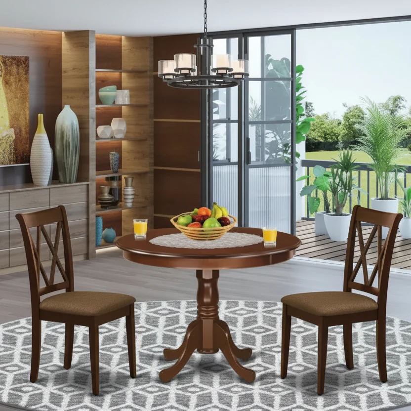 3-Piece Mahogany Finish Solid Wood Top Round Dining Room - Seats 4