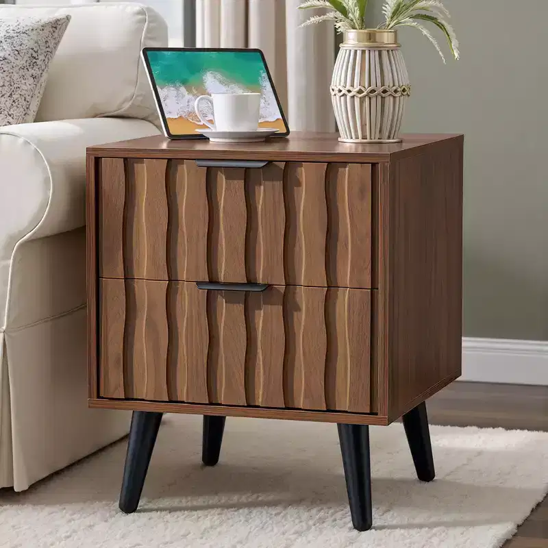 19.7 Mid Century Modern Fluted Nightstand with Drawers & Open Storage, Solid Wood Legs Walnut Bedside Table for Bedroom  Bekrvio