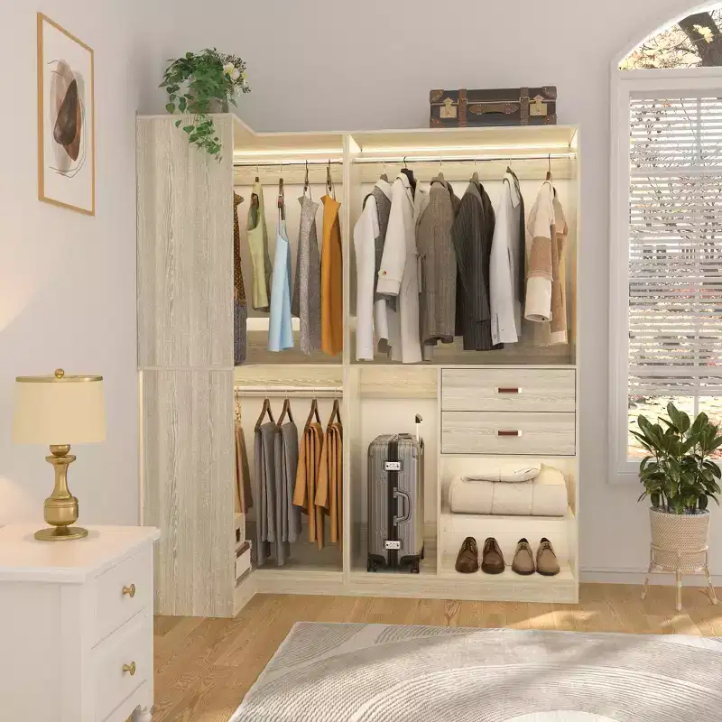 Besiost 71-In Freestanding Closet System Set with Wood Drawers, Corner Closet Organizer with Hanging Rods