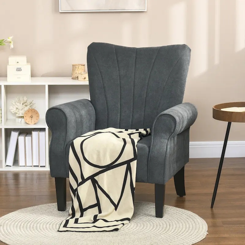Dark Gray Modern 31.5 High Back Upholstered Arm Chair with Wood Legs