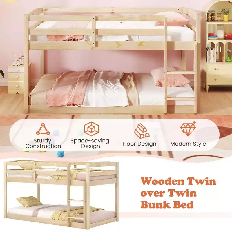 Costway Twin over Twin Low Bunk Bed with Guardrails Integrated Ladder Kids Wooden Grey/White/Beige/Pink