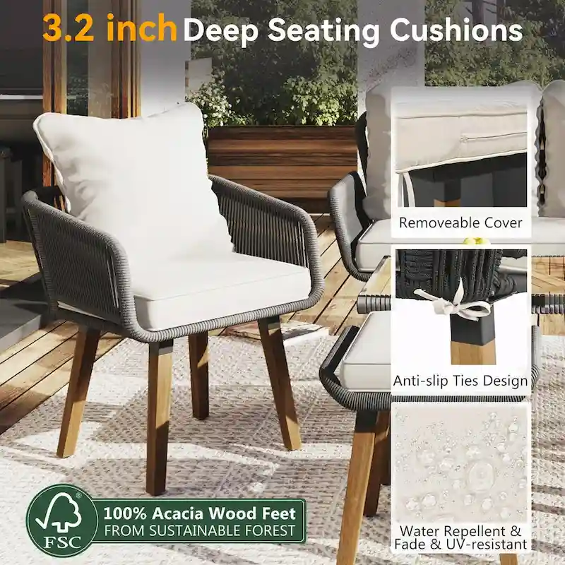 6-Piece Rope Patio Furniture Set with Acacia Wood Cool Bar Table
