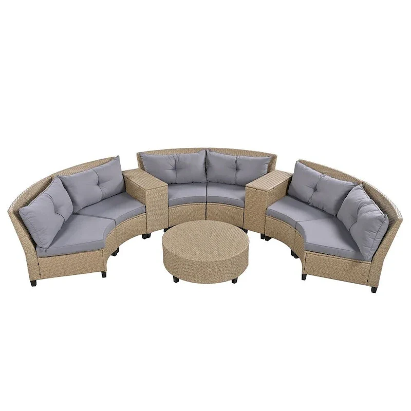 6-Person Garden Fan-shaped Rattan Suit Combination with Cushions and Table