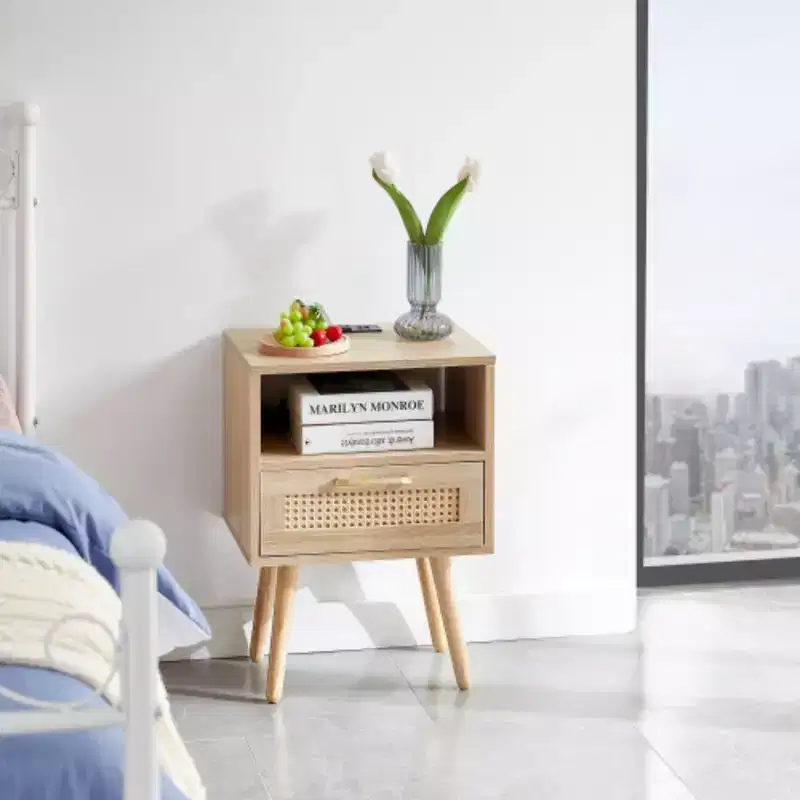 15.75 Rattan End table with Power Outlet & USB Ports , Modern nightstand with drawer and solid wood legs, side table for living room, bedroom,natural