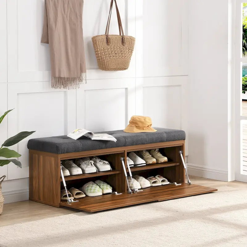 49 Shoe Storage Bench, Entryway Shoe Cabinet Storage Ottoman with Padded Seat Cushion and Double Doors for Entryway, Hallway