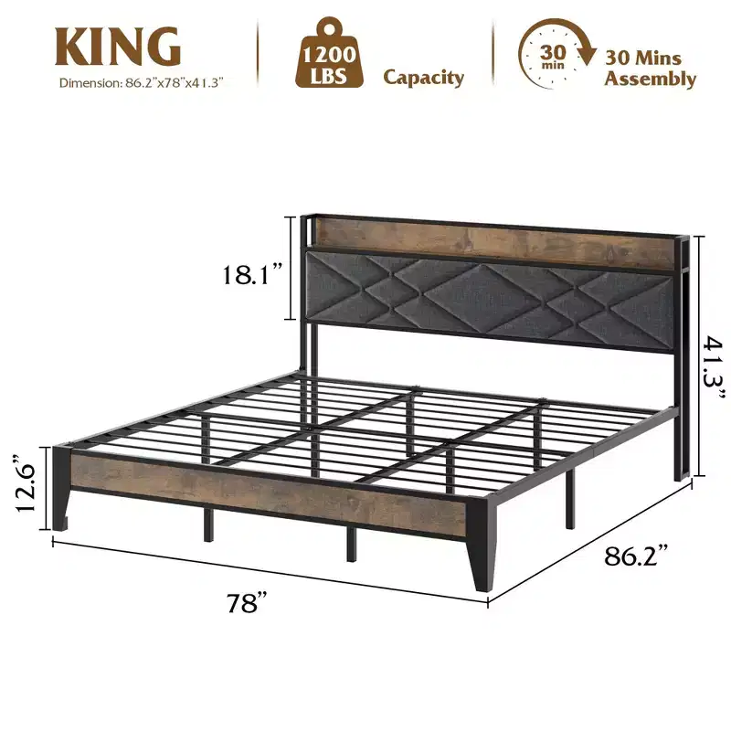 King Bed Frame with Headboard, Vintage Platform Bed with Charging Station & Storage Shelf, No Box Spring Needed, Grey & Brown