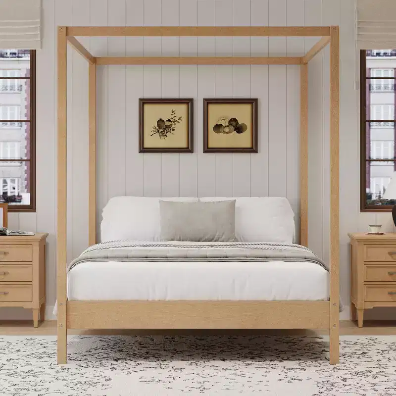 Solid Wood Canopy Bed Frame with Poster Platform and Slats Support