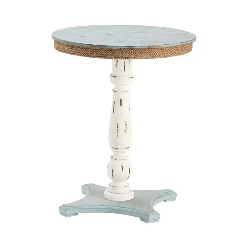 Round Blue Solid Wood Coastal Accent Table