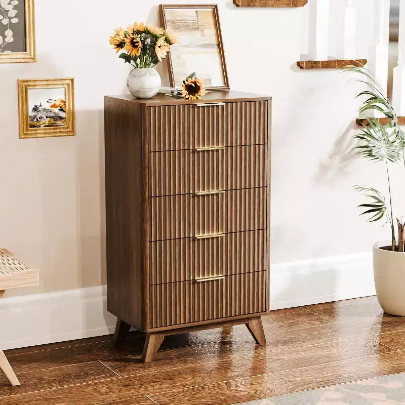 Fluted Tall 5-Drawer Dresser – Walnut Wood, Mid-Century Modern Chest of Drawers