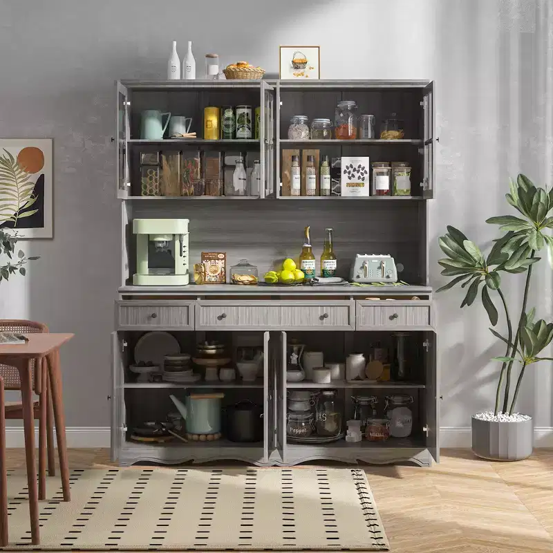 Gray Kitchen Pantry Cabinet Buffet Hutch with Glass Doors and Ornate Base Trim – 75.9