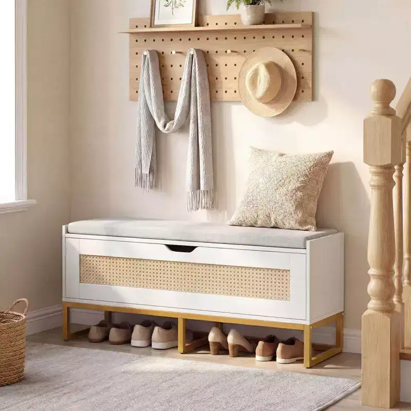 Costway 39.5 Rattan Storage Chest with Padded Seat, Flip-Top and Safety Hinges for Bedroom Gold and White/Brown