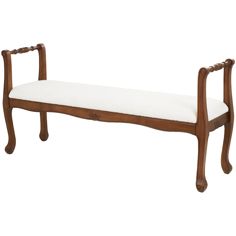 Cream Fabric Arm Bench with Wood Turned Legs 55L