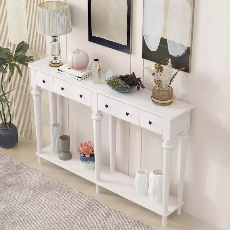 59.8IN Retro Entryway Table with 4 Drawers, Narrow Console Table with Open Shelves, Hallway Table for Living Room, Foyer, White