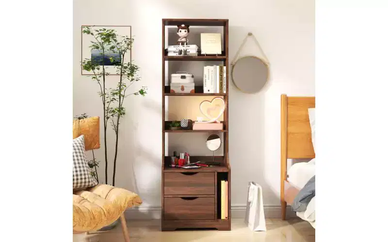 4-Tier Open Bookshelf with 2 Drawers and Storage Cabinet