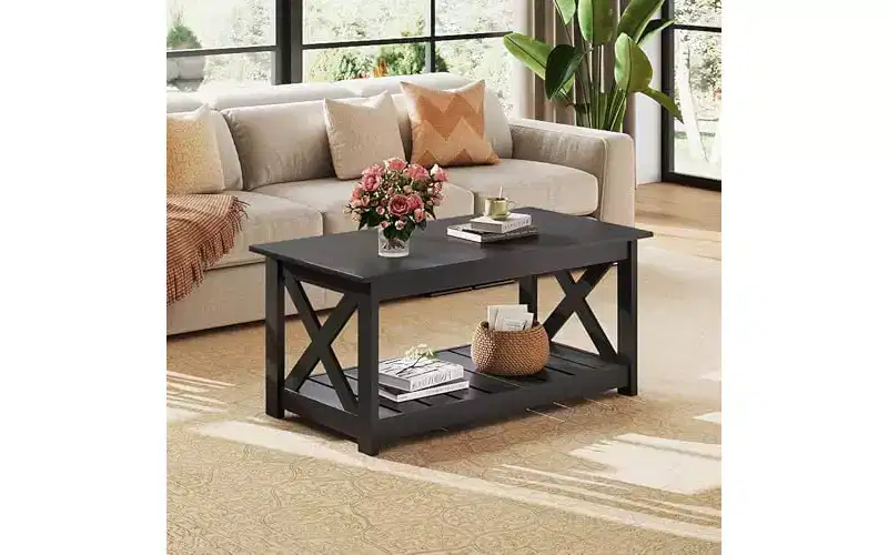 Farmhouse Coffee Table for Living Room, 40.1 Rustic Center Table with X-Frame Support & Storage Shelf