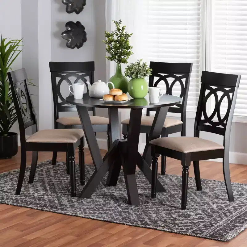 5-Piece Round Dining Set 4 Upholstered Chairs Rubberwood Cut-Out Back Foam Padded Seats