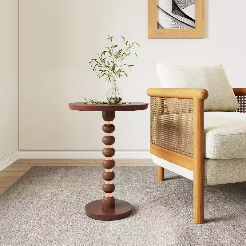 Brown Round Mango Wood End Table, Pedestal Base, Single