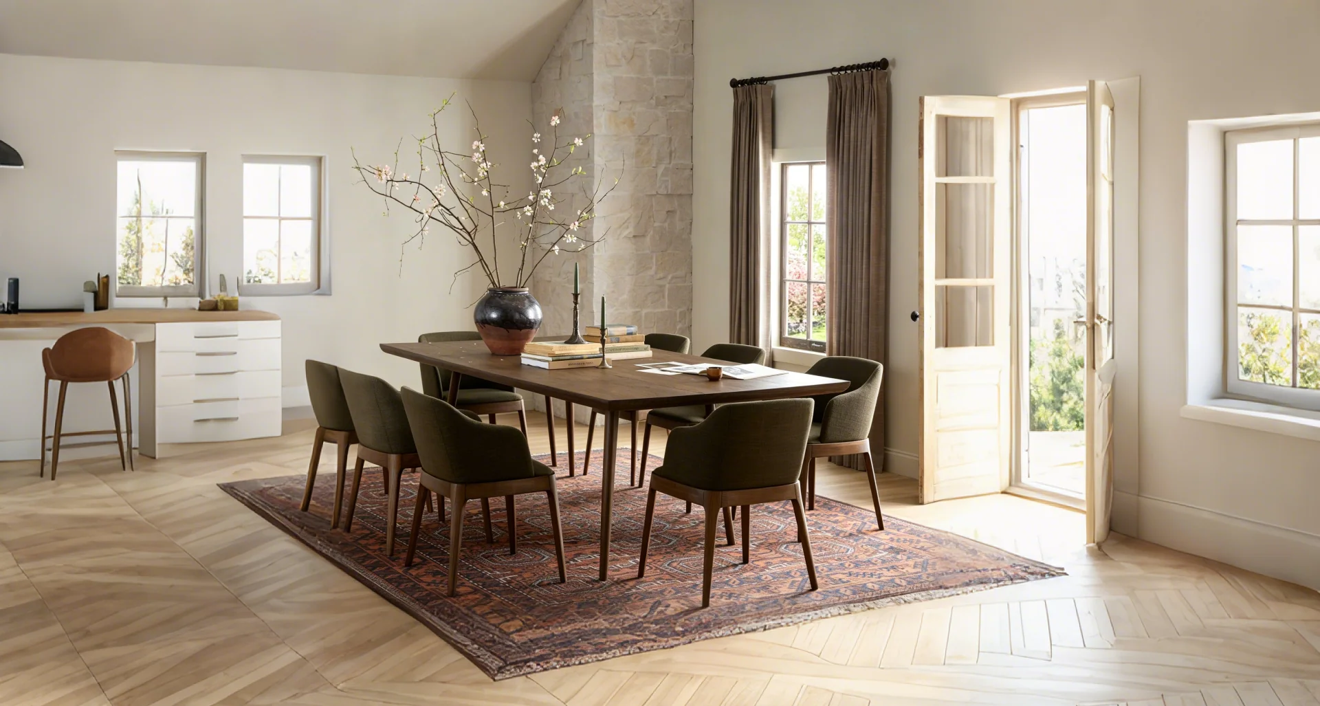 Mid-Century Rectangle Dining Table, Brown Rubberwood