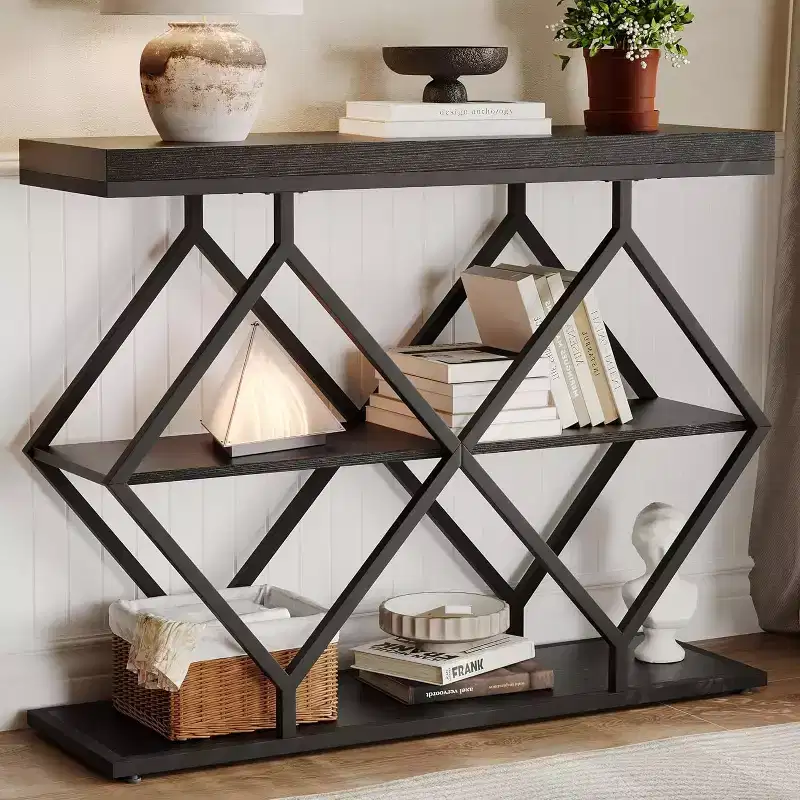 Garvee 3-Tier Narrow Farmhouse Console Table, Entryway Table with Open Storage Shelves, Geometric Diamond Metal Legs, Console Sofa Table