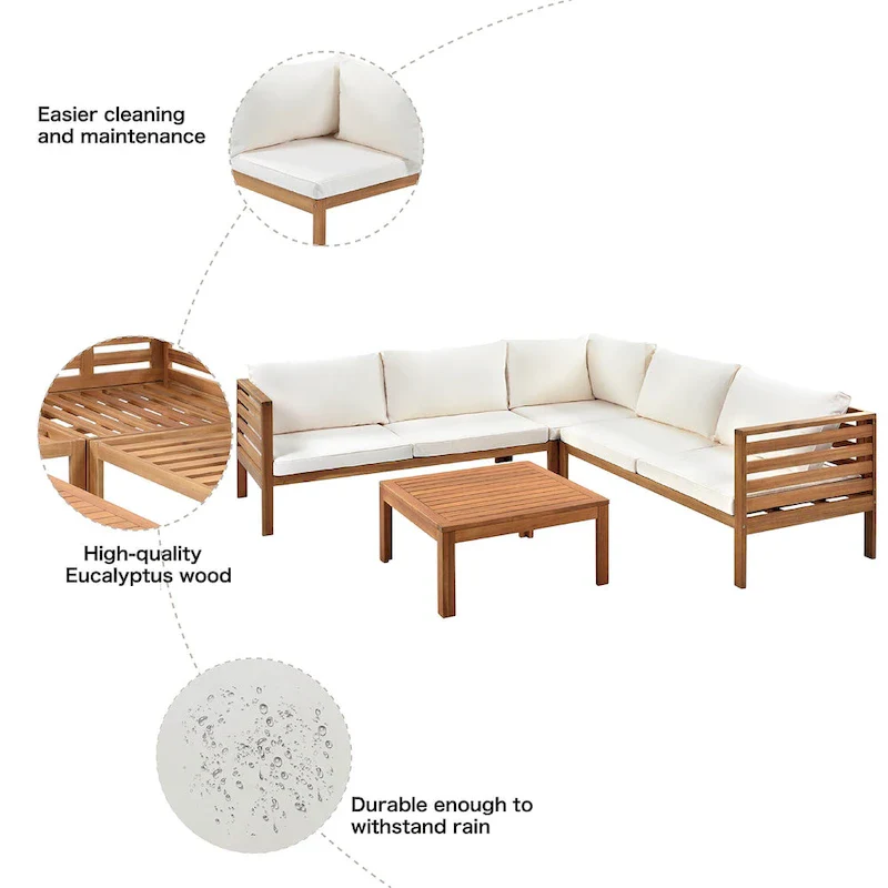 4-Piece Acacia Wood L-Shaped Sectional Sofa Set with Table
